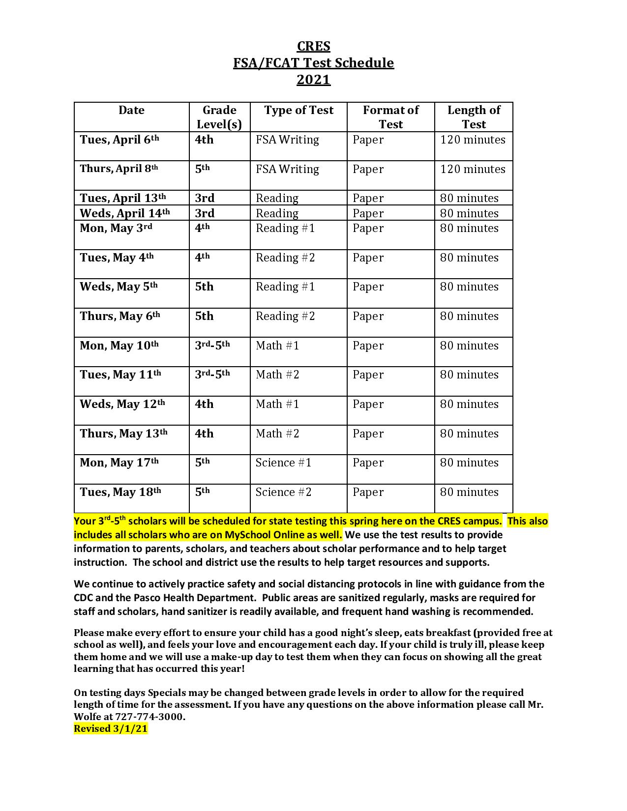 FSA Testing Dates | Cotee River Elementary School