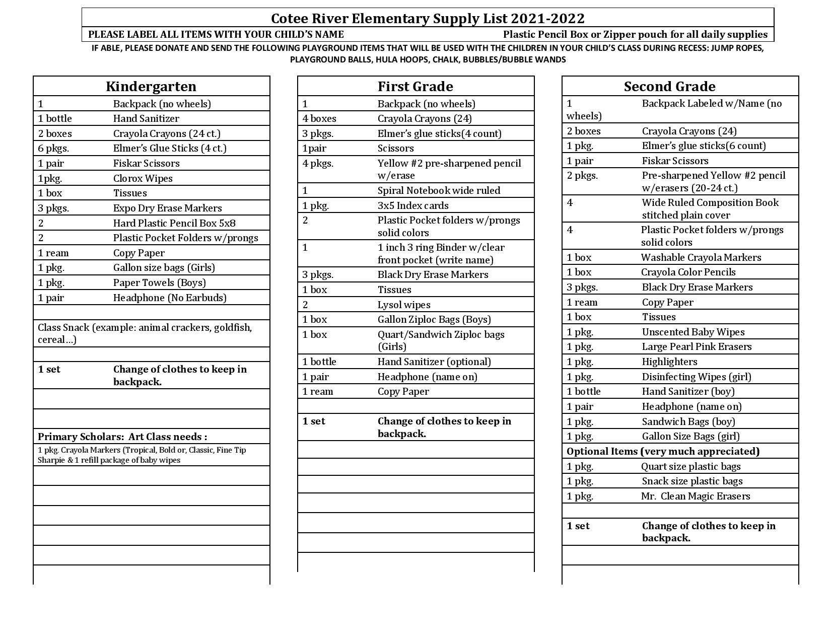 2020-2021 School Supply Lists - Edgemere Elementary School